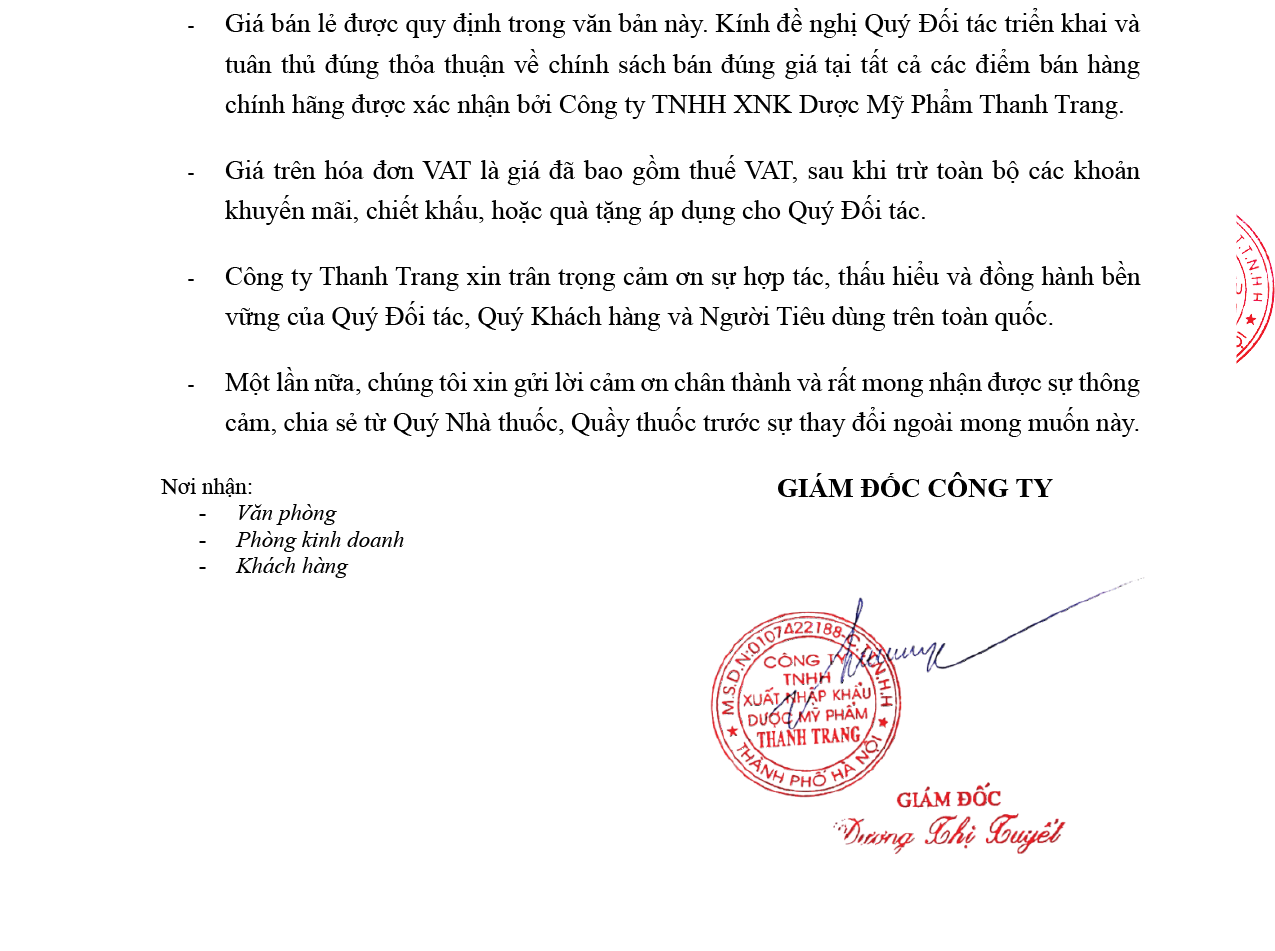 Thông báo điều chỉnh giá bán lẻ - Thanh Trang Pharma - 05