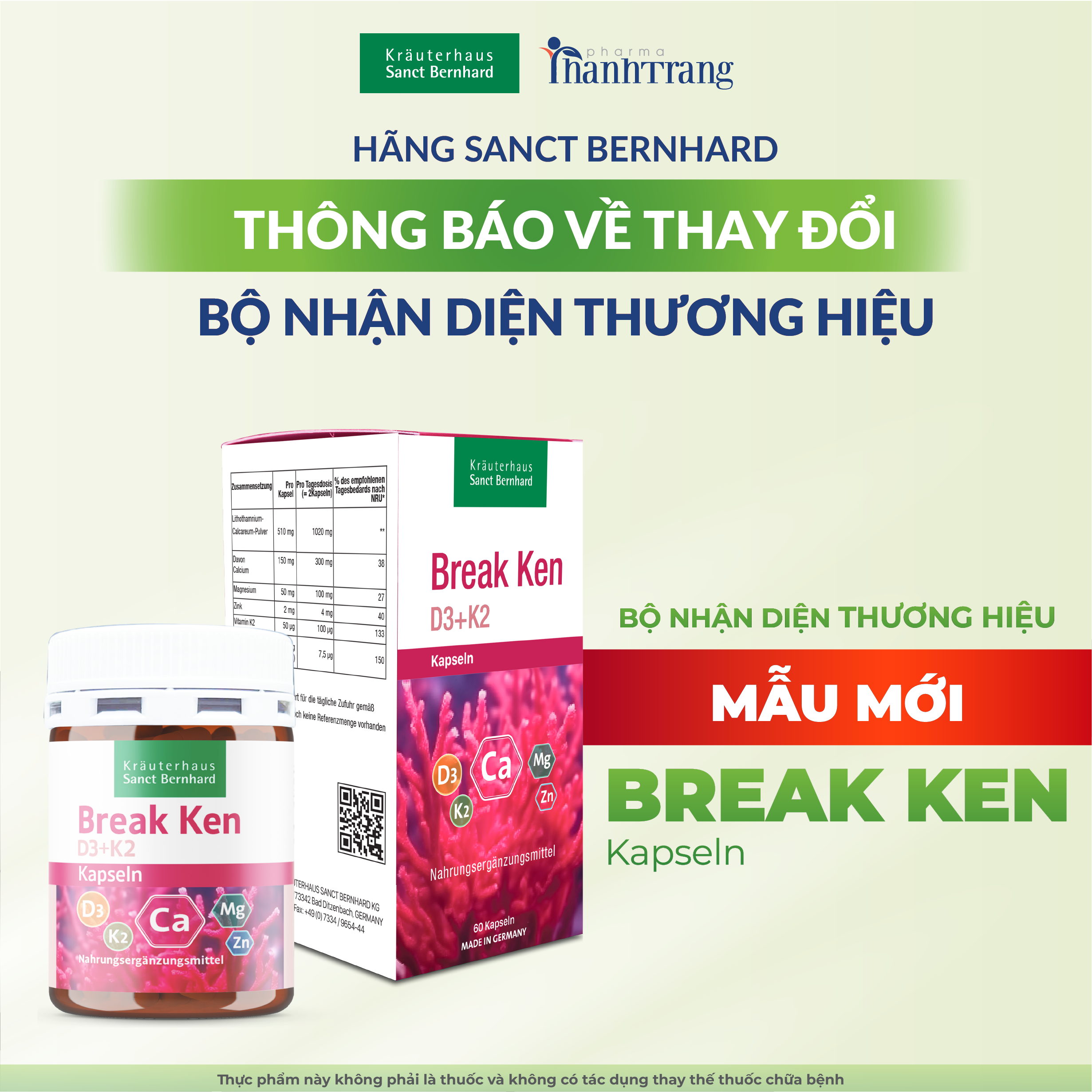 Break Ken 60 viên - Bổ sung Canxi từ tảo biển đỏ, Vitamin D3K2 hỗ trợ sức khỏe xương, răng